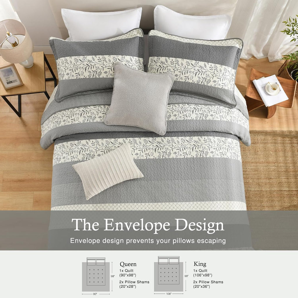 Stripe Quilts Queen Size - 100% Cotton Lightweight Quilt Bedding Set 3 Pieces, Vintage Vine Pattern Quilted Bedspread with 2 Pillow Shams, Farmhouse Printed Coverlet for All Season, Gray