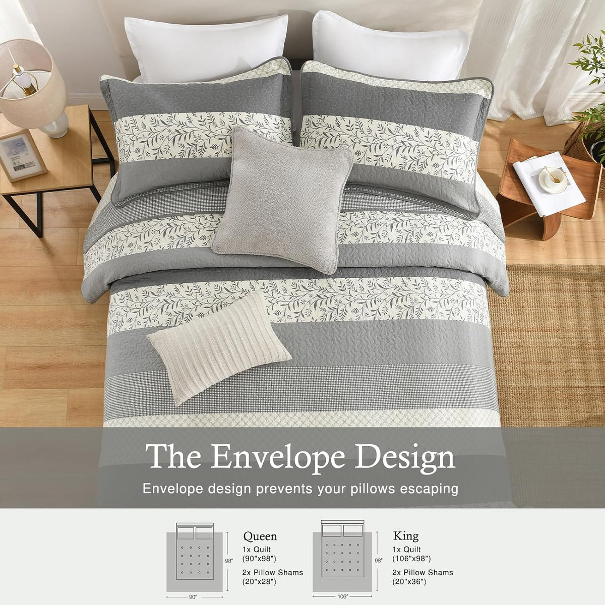 Stripe Quilts Queen Size - 100% Cotton Lightweight Quilt Bedding Set 3 Pieces, Vintage Vine Pattern Quilted Bedspread with 2 Pillow Shams, Farmhouse Printed Coverlet for All Season, Gray