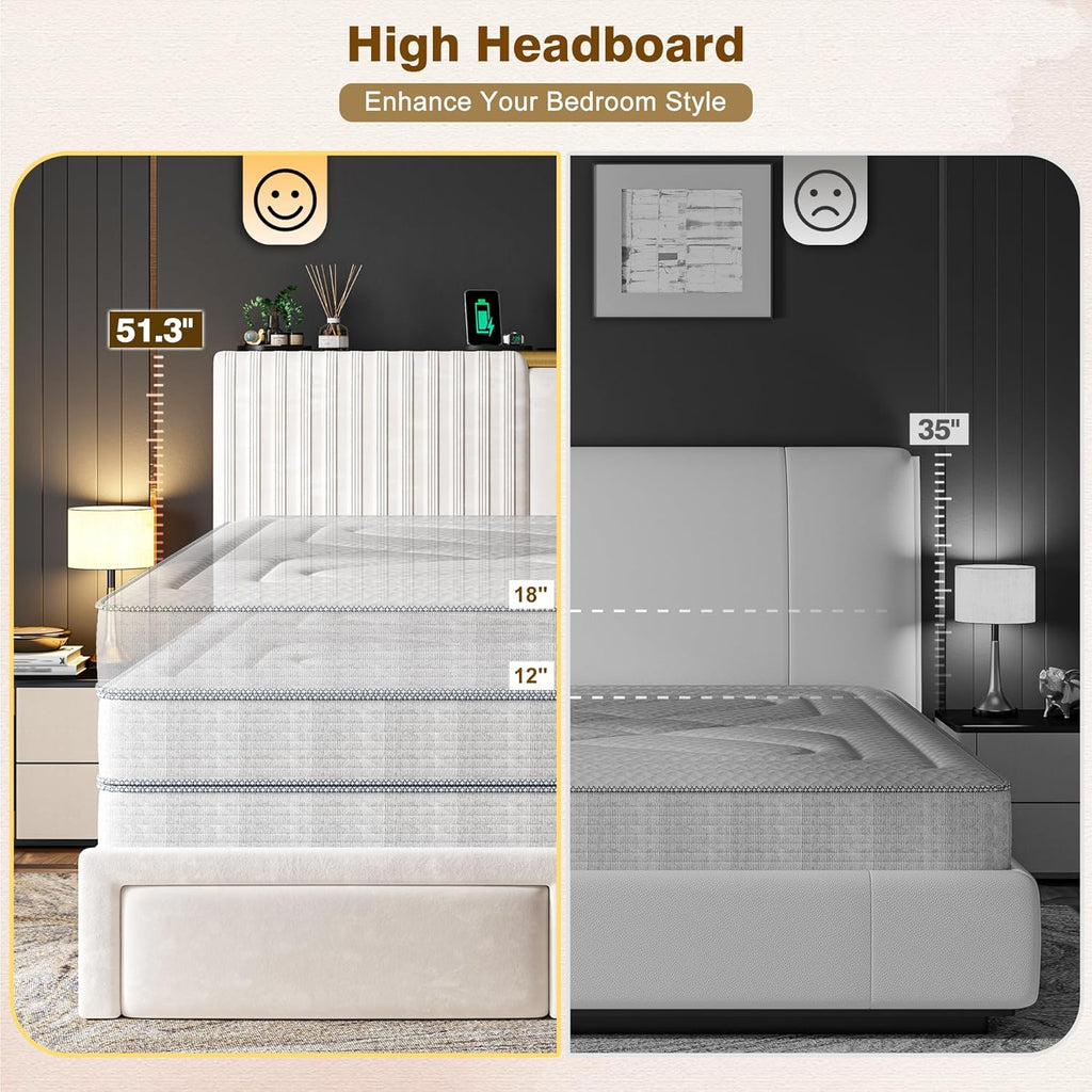 Homkdom Queen Bed Frame with 2 Drawers and 51.3''Tall Headboard, Velvet Platform Storage Bedframe with 3 Charging Ports and Wooden Slats Support, No Box Spring Needed, Beige