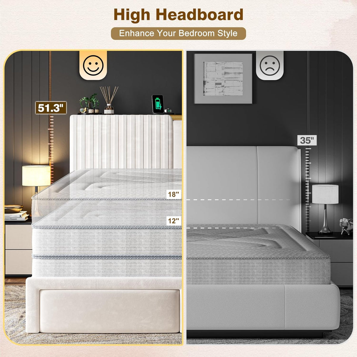 Homkdom Queen Bed Frame with 2 Drawers and 51.3''Tall Headboard, Velvet Platform Storage Bedframe with 3 Charging Ports and Wooden Slats Support, No Box Spring Needed, Beige