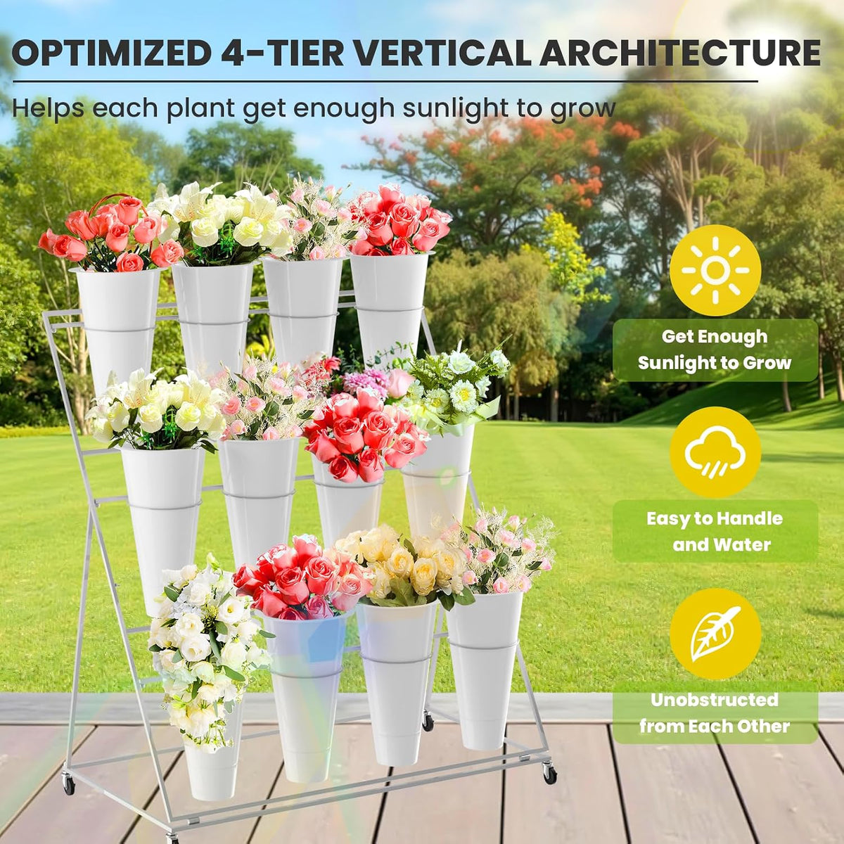Flower Display Stand with 12 Buckets, 3 Layer Plant Stand with Wheels, Movable Plant Display Stand, Heavy Duty Moving Plant Cart Shelf for Indoor Outdoor