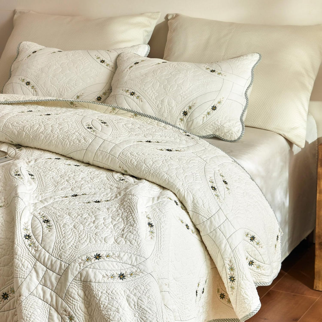 MarCielo 3Pcs Lightweight Cotton Quilt Bedspread Set – European Cottage Floral TC152
