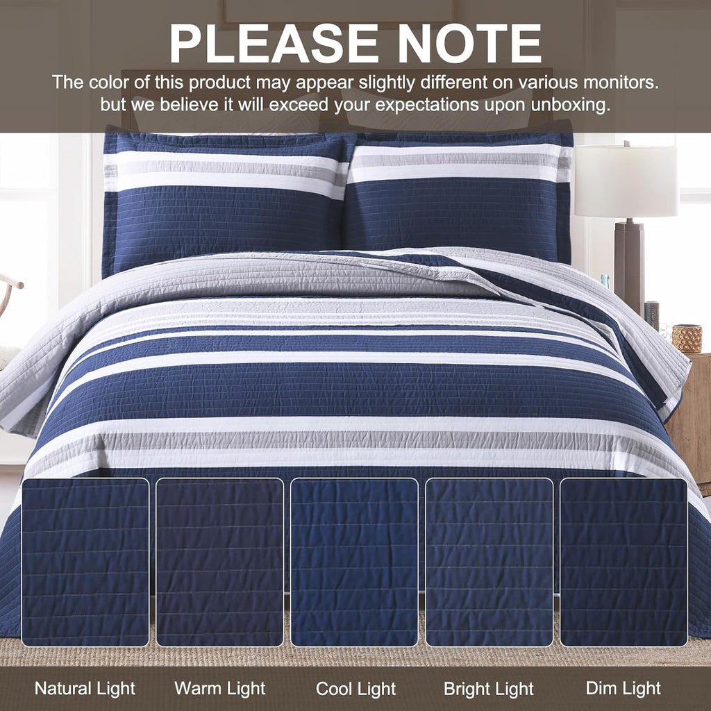 SahSahCasa Quilt King Size, 100% Cotton King Quilt Set, Navy Blue Striped Quilt, King Quilt Bedding Set Bedspreads, Lightweight Comforter for King Bed, All Season, Navy Blue, 3 Pieces