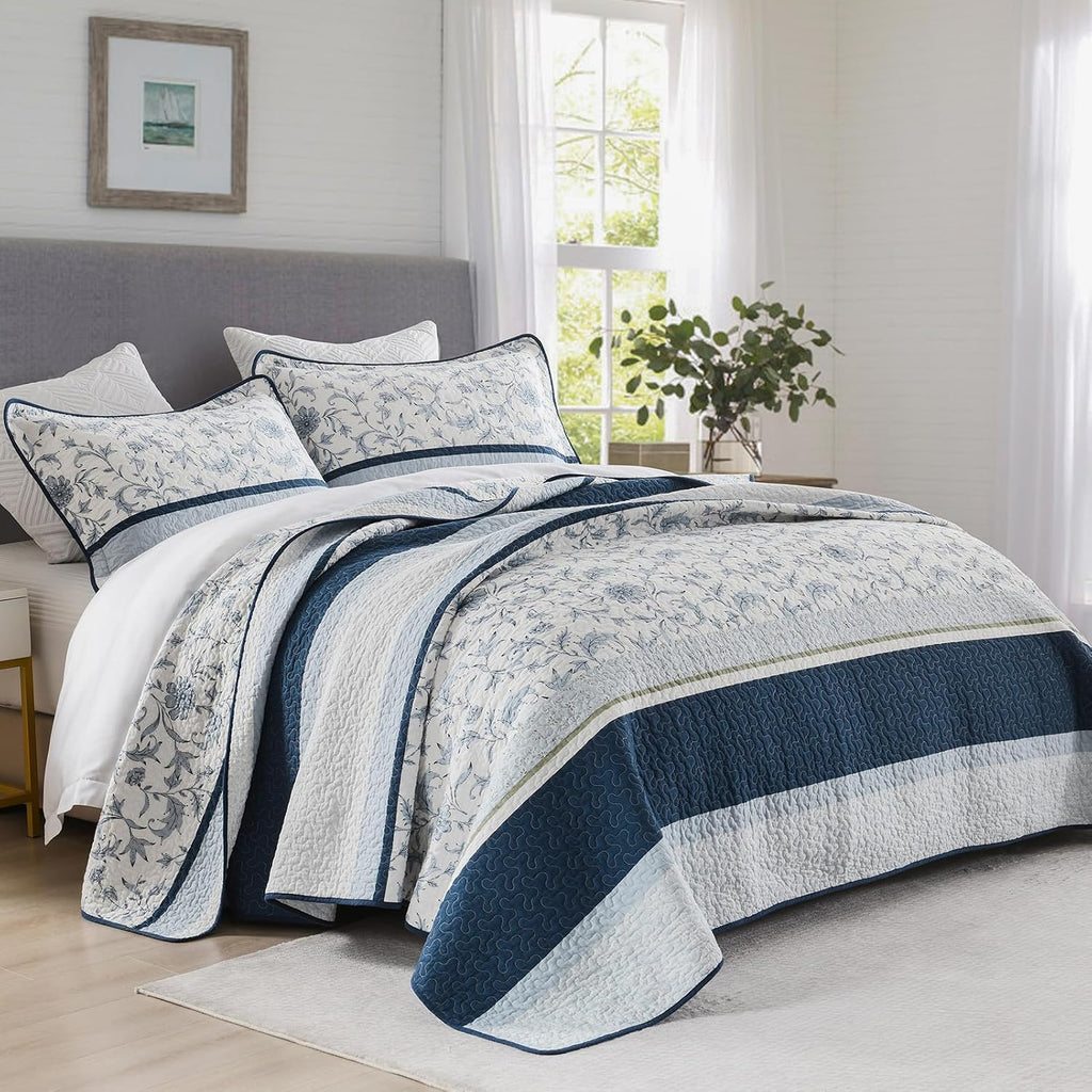 100% Cotton Quilt Set King Size, King Quilt, Patchwork Striped Botanical Quilted Bedspread Lightweight Comforter for King Bed, 3pcs, Navy/Light-Blue/White
