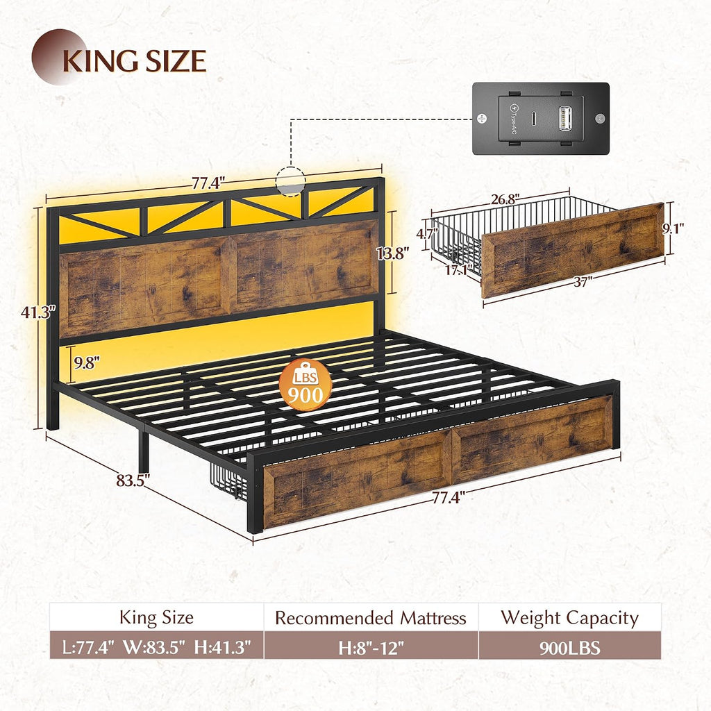 EnHomee King Size Bed Frame with Headboard, 2 Large Drawers Platform Bed with LED Lights and Built-in Charging Station, No Box Spring Needed, Noise-Free Metal Bed for Bedroom,Brown