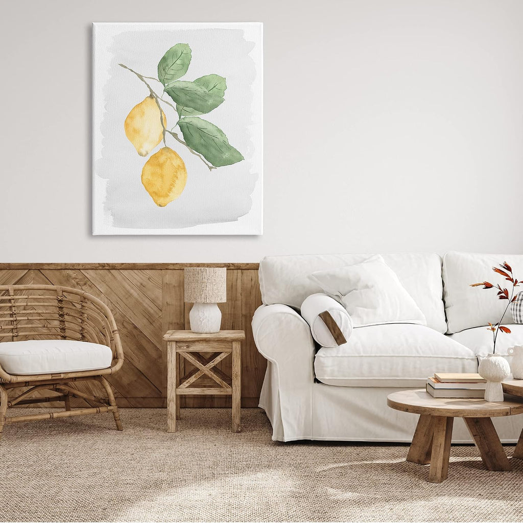 Stupell Industries Lemon Branch Pair Soft Leaves Watercolor Painting Canvas Wall Art, 36 x 48, Yellow