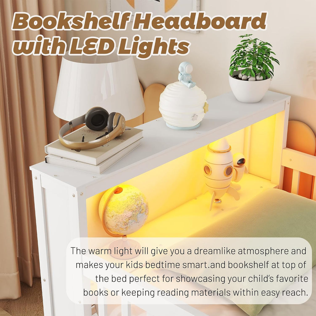 Low Loft Bed with LED Lights and Bookshelf, Wooden Kids Loft Bed with Stairs and Safety Guardrail, Low Loft Bed Twin with 2 Storage Drawers and Shelves for Girls Boys ,No Box Spring Needed, White