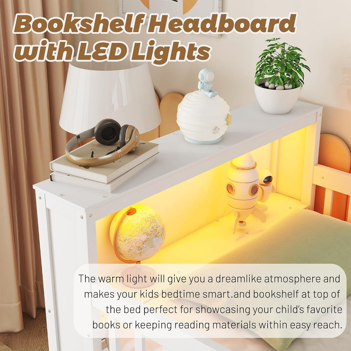 Low Loft Bed with LED Lights and Bookshelf, Wooden Kids Loft Bed with Stairs and Safety Guardrail, Low Loft Bed Twin with 2 Storage Drawers and Shelves for Girls Boys ,No Box Spring Needed, White