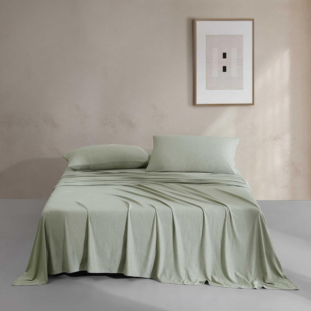 Calvin Klein - Queen Size Sheets Set, Naturally Soft Cotton-Blend Melange Jersey Bedding - Bed Sheets with Matching Pillowcases & Fitted Sheet (Modern Cotton Green)