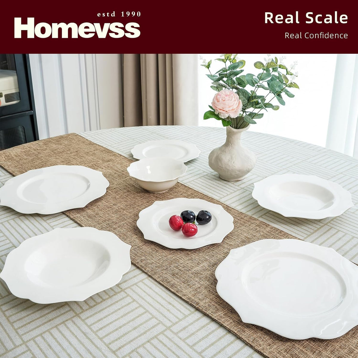 HomeVss, New Bone China Dinnerware Set, Embossed Lotus Design, 40pc Set