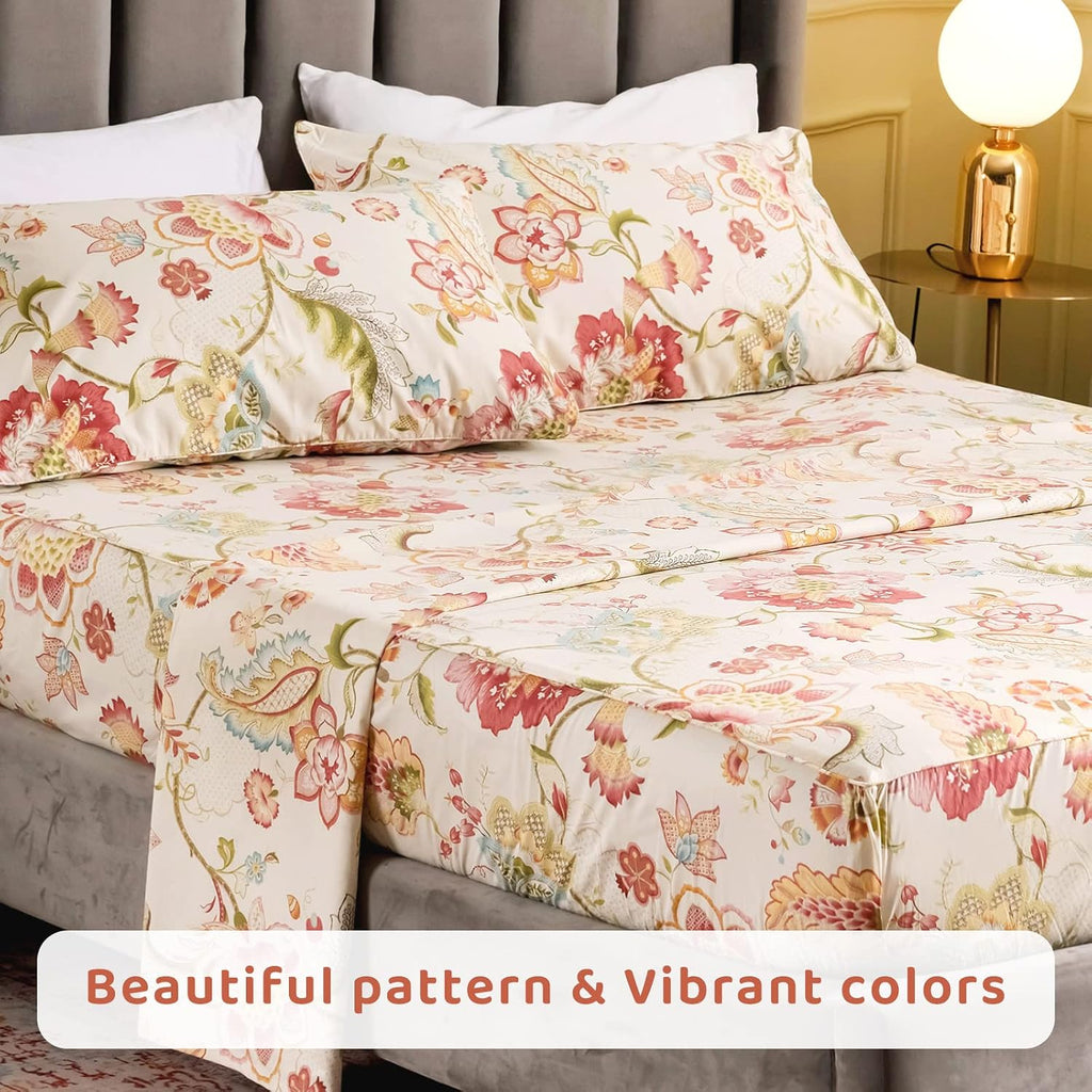QSH 100% Egyptian Cotton Sheets Cal King Size, Red Yellow Flowers Leaves Pattern Botanical Printed Flower Bedding Sheets, 4pcs Deep Pocket Bed Sheet Set