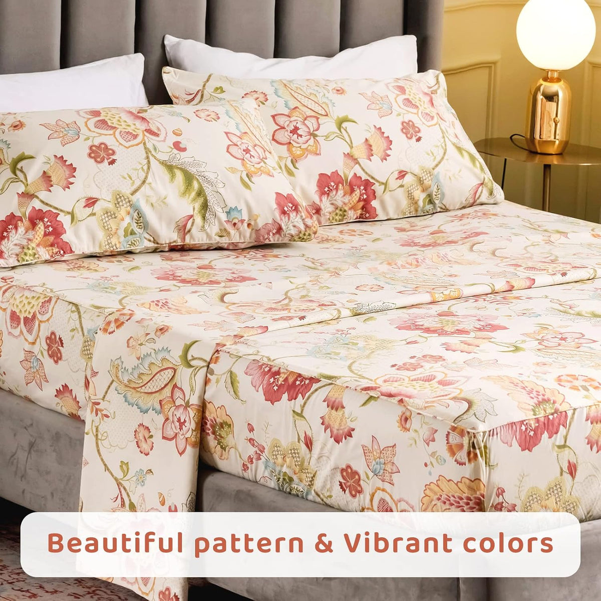 QSH 100% Egyptian Cotton Sheets Cal King Size, Red Yellow Flowers Leaves Pattern Botanical Printed Flower Bedding Sheets, 4pcs Deep Pocket Bed Sheet Set