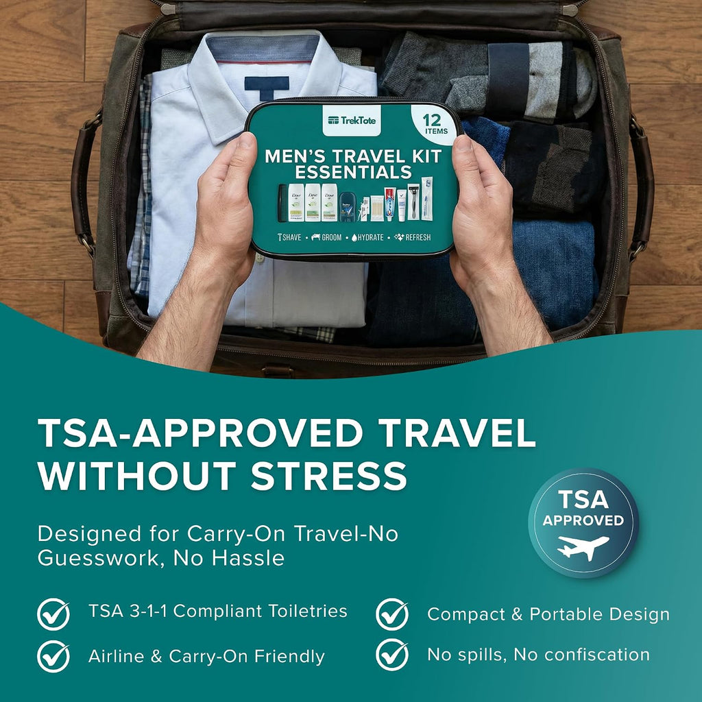 TrekTote Bulk Men's Travel Hygiene Kits Case Pack of 12 Piece Kits TSA Approved Travel Size Toiletry Kits with Toothbrush Toothpaste Deodorant Razor for Outreach Emergency Use