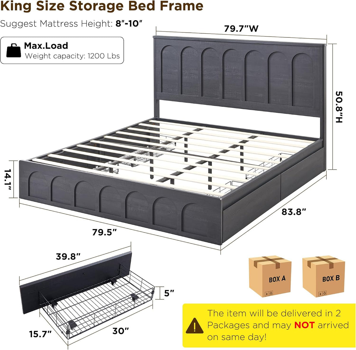 ACCOHOHO Modern King Size Bed Frame with 4 Drawers, 51' Tall Arched Recessed Headboard, Solid Wood Slats Support, Noise Free, No Box Spring Needed, Wood Platform, （Black）
