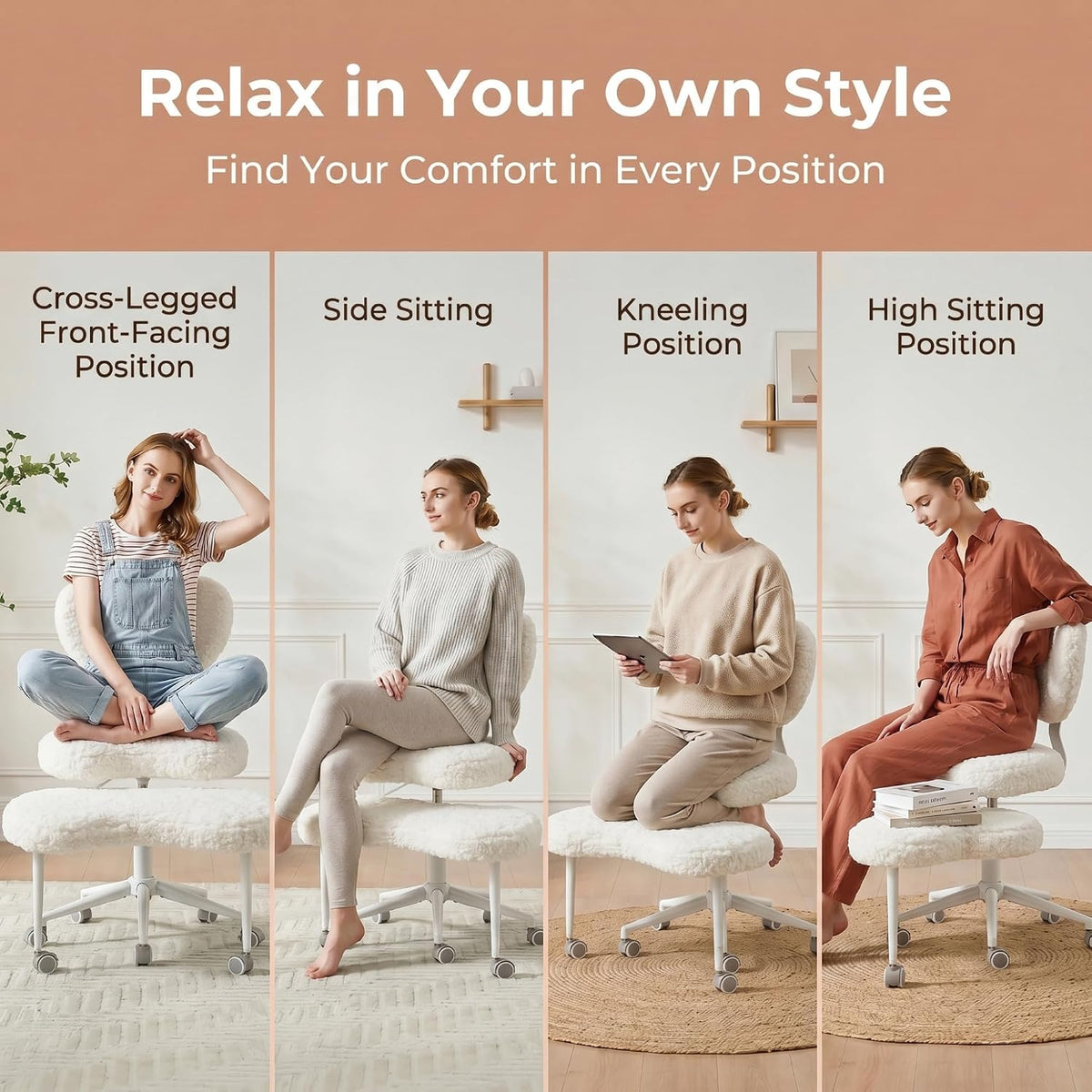 Cross Legged Office Chair with Wheels, 360 Swivel Height-Adjustable Meditation Chair with Lumbar Support, Beige