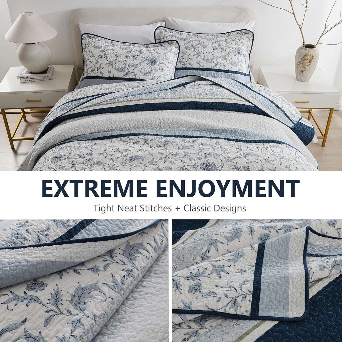 100% Cotton Quilt Set King Size, King Quilt, Patchwork Striped Botanical Quilted Bedspread Lightweight Comforter for King Bed, 3pcs, Navy/Light-Blue/White