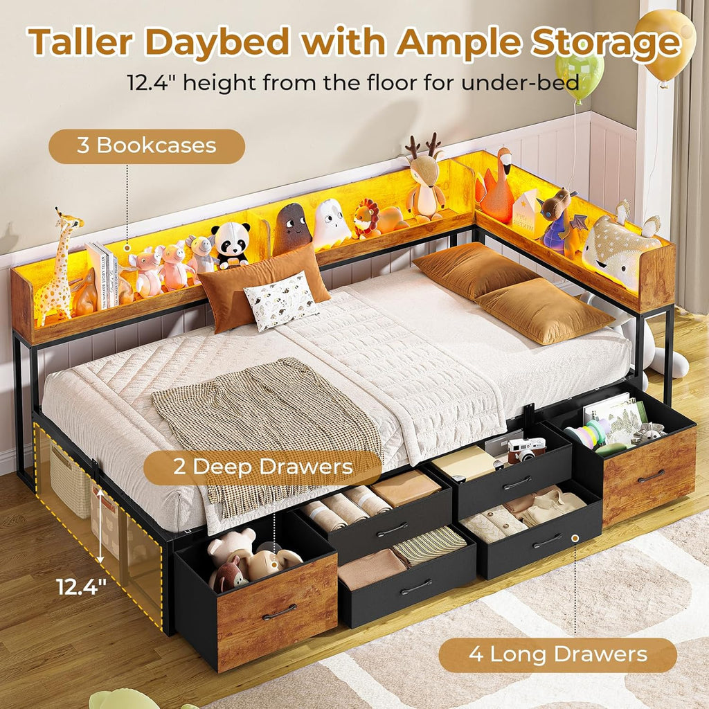 MSmask 14 Inch Corner Bed Frame with Bookcase Storage, Twin XL Daybed with 6 Drawers, Charging Station and LED Light, Twin XL Size Metal Platform Bed Frame for Kids Teenagers, Black & Vintage Brown