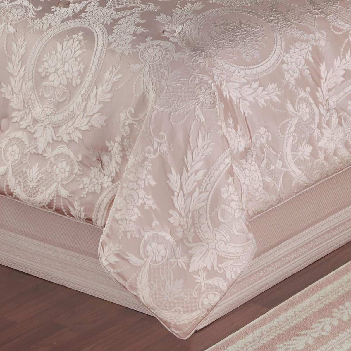 Marquessa Luxury Bedding | Soft Pearl and Pastel Blush Pink | Puff Jacquard-Woven | 11 Pc Bed Set: Queen Comforter, Bedskirt, 2 Standard Shams, 2 Euro Shams, 2 Euro Pillow Inserts and 3 Accent Pillows