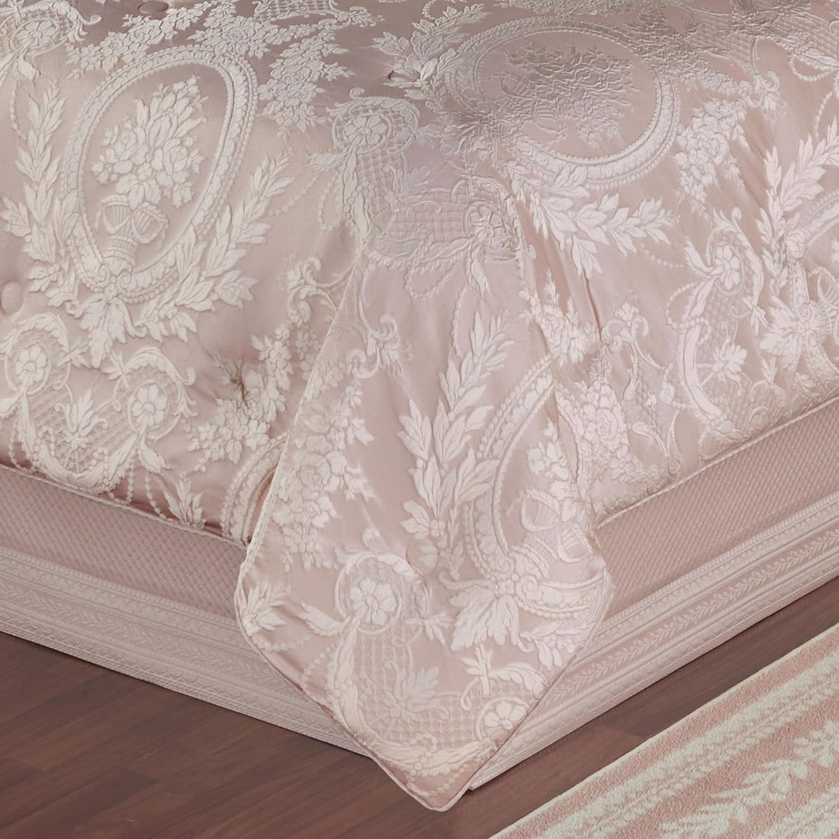 Marquessa Luxury Bedding | Soft Pearl and Pastel Blush Pink | Puff Jacquard-Woven Traditional Floral Bouquet and Swag Motifs | 4 Piece Set includes Cal King Comforter, Bedskirt, and 2 King Shams