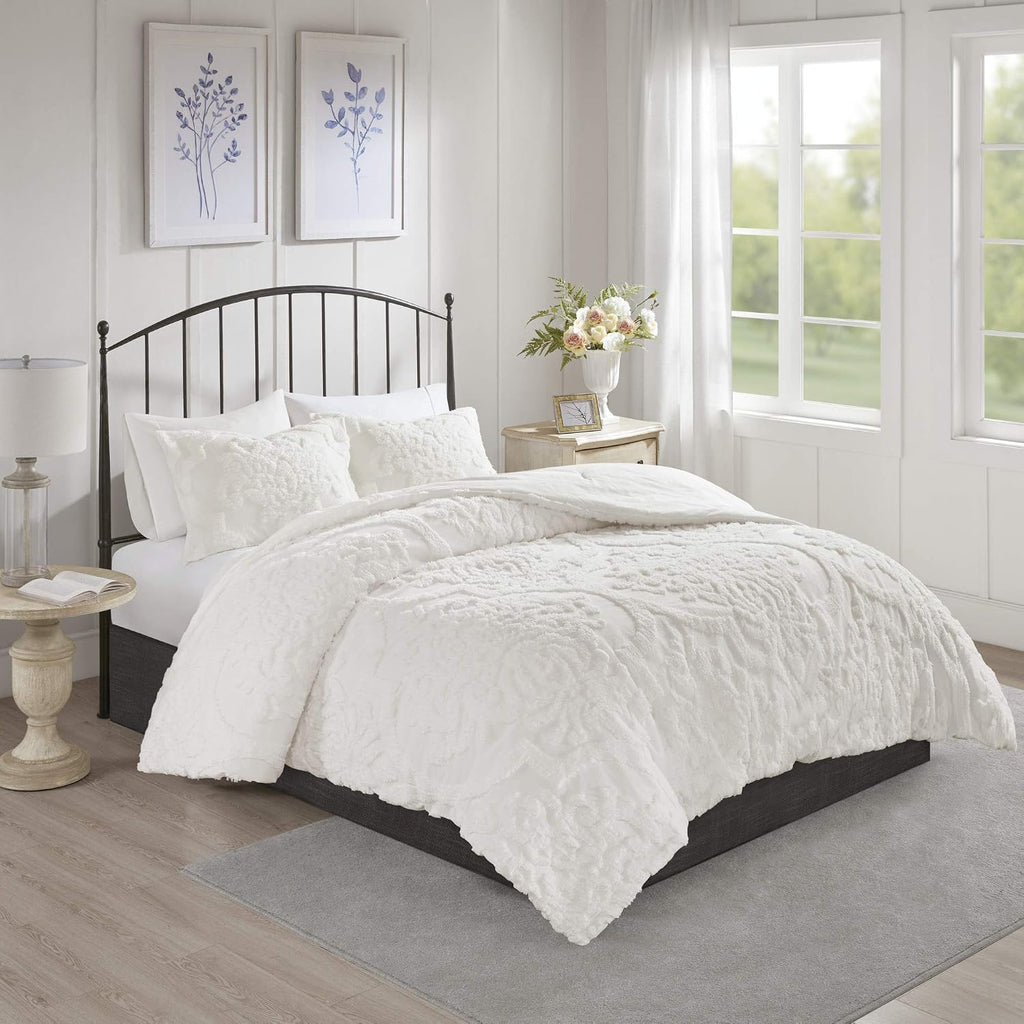 Madison Park Tufted Chenille Cotton Comforter, All Season Bedding Set, Matching Shams, Viola, Damask Off White Full/Queen(90'x90') 3 Piece
