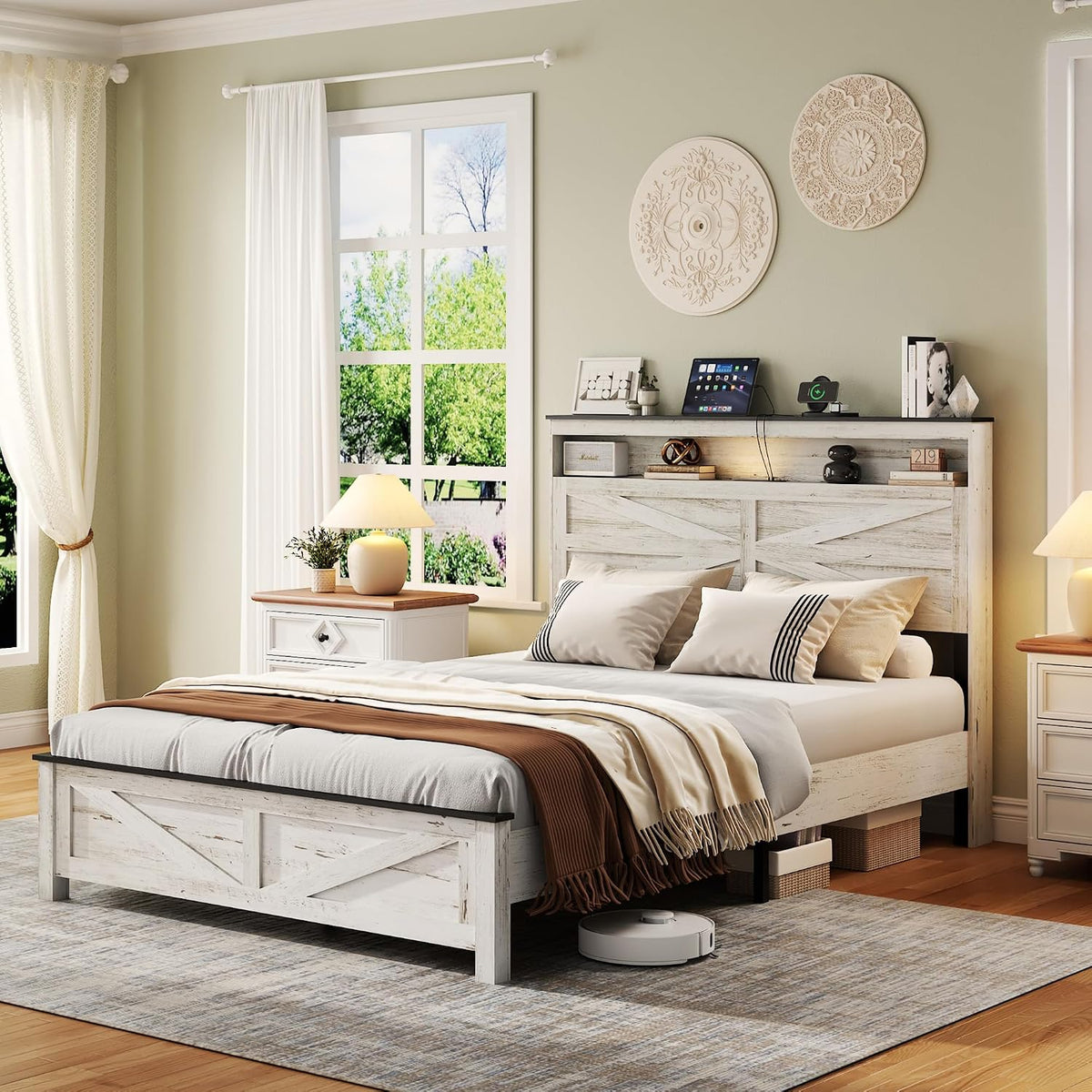 Farmhouse Full Size Bed Frame with Headboard Storage, Wood Platform Bed Frame with LED Lights & Charging Station, No Box Spring Needed, Noise-Free Sturdy Structure, Rustic White