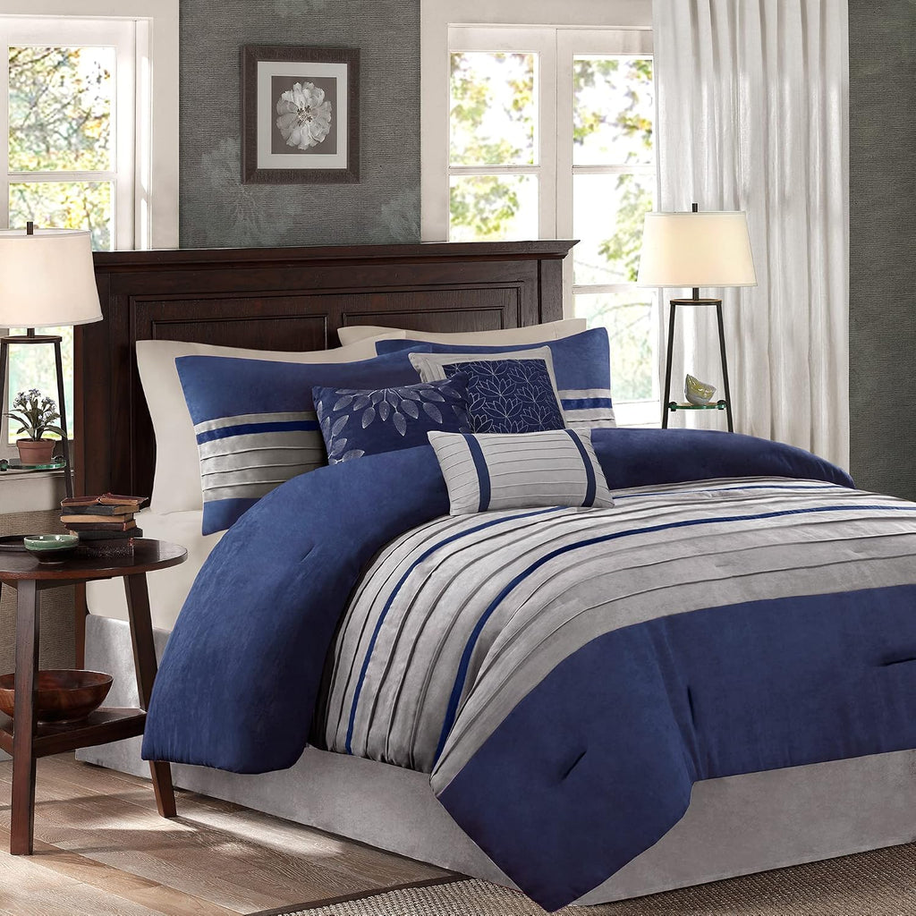Madison Park Palmer Comforter Set-Luxury Faux Suede Design, Striped Accent, All Season Down Alternative Bedding, Matching Shams, Decorative Pillow, Bed Skirt, King (104 in x 92 in), Blue 7 Piece