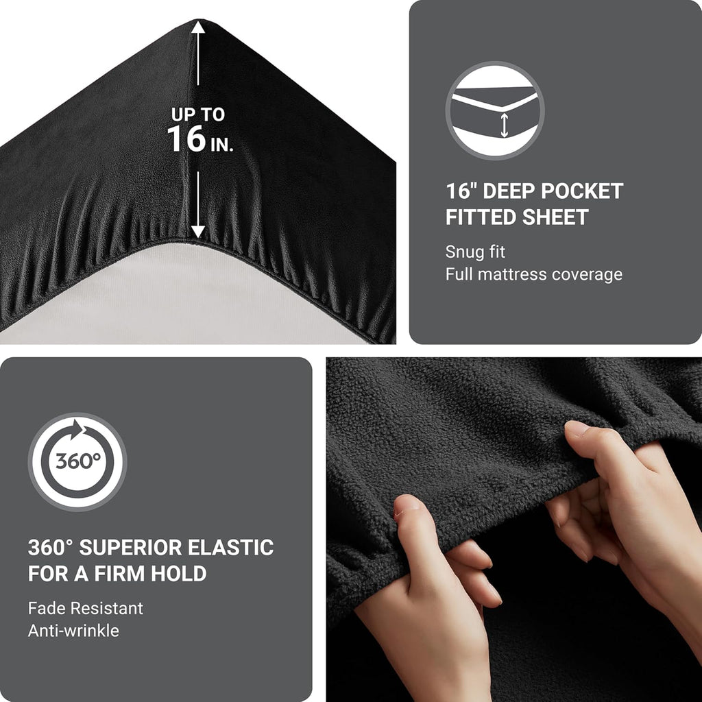 True North by Sleep Philosophy Micro Fleece Bed Sheet Set, Warm, Sheets with 14' Deep Pocket, for Cold Season Cozy Sheet-Set, Matching Pillow Case, Cal King, Black, 4 Piece