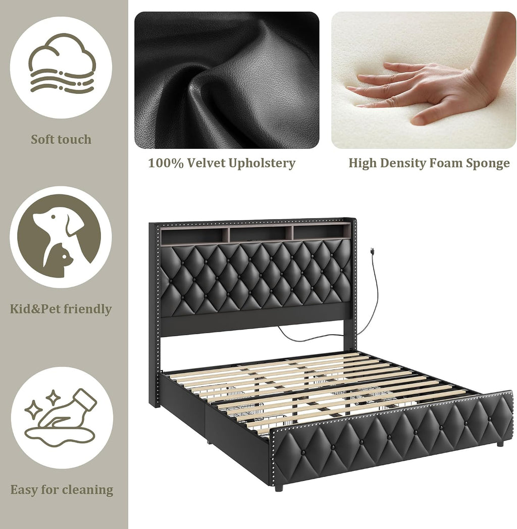 IDEALHOUSE Queen Bed Frame with 50.8' Tall Headboard and 4 Storage Drawers, Platform Leather Upholstered Bed Frame with Charging Station, Led Lights, No Box Spring Needed, Easy Assembly, Black