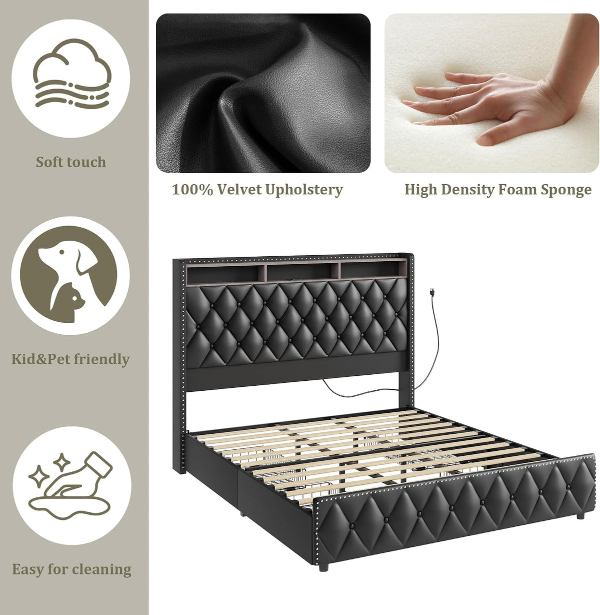 IDEALHOUSE Queen Bed Frame with 50.8' Tall Headboard and 4 Storage Drawers, Platform Leather Upholstered Bed Frame with Charging Station, Led Lights, No Box Spring Needed, Easy Assembly, Black