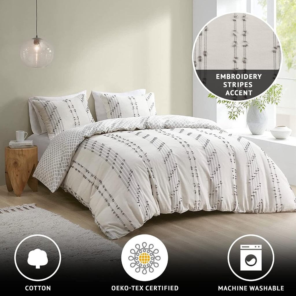 INK+IVY Cotton Duvet Cover King Size - 100% Cotton Duvet Cover Set, Boho Bedding Set for All Seasons Farmhouse Bedding Duvet & Sets with 2 Pillowcase, Jacquard Stripes, Ivory 3 Piece King/Cal King