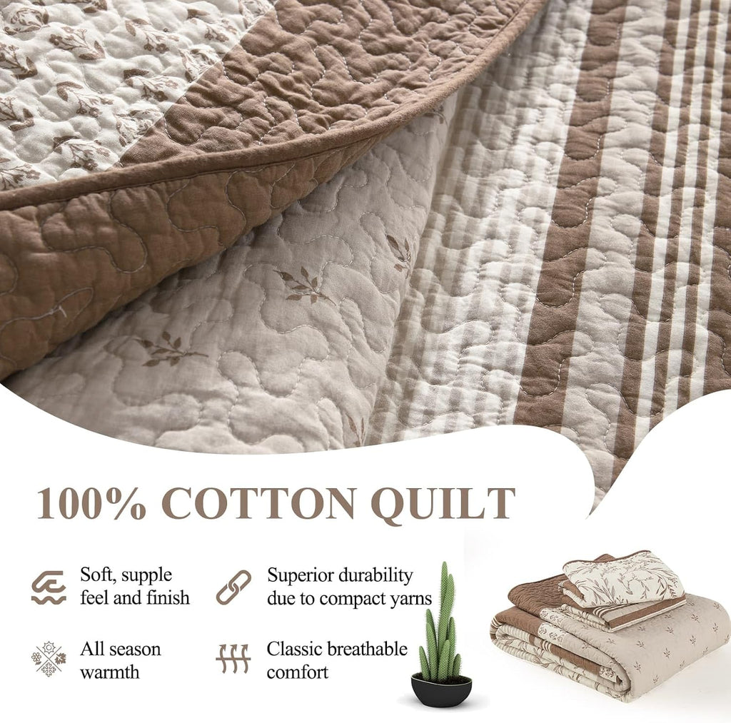 DDUOXIN 100% Cotton King Quilt - Modern Stripe Botanical Quilts with 2 Pillow Shams, Bedspread Reversible Lightweight Thin Comforter Bedding Set for All Seasons, Beaver Fur/Gray Morn/Whisper White