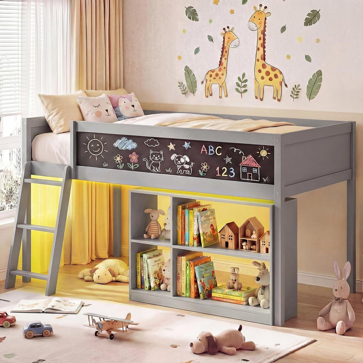 Giantex Low Loft Bed with LED Lights, Twin Size Bed Frames for Kids w/Chalkboard, Removable Bookcase & Under-Bed Storage Space, Wood Loft Beds with Stairs, Safety Guardrail for Girls Boys (Grey)
