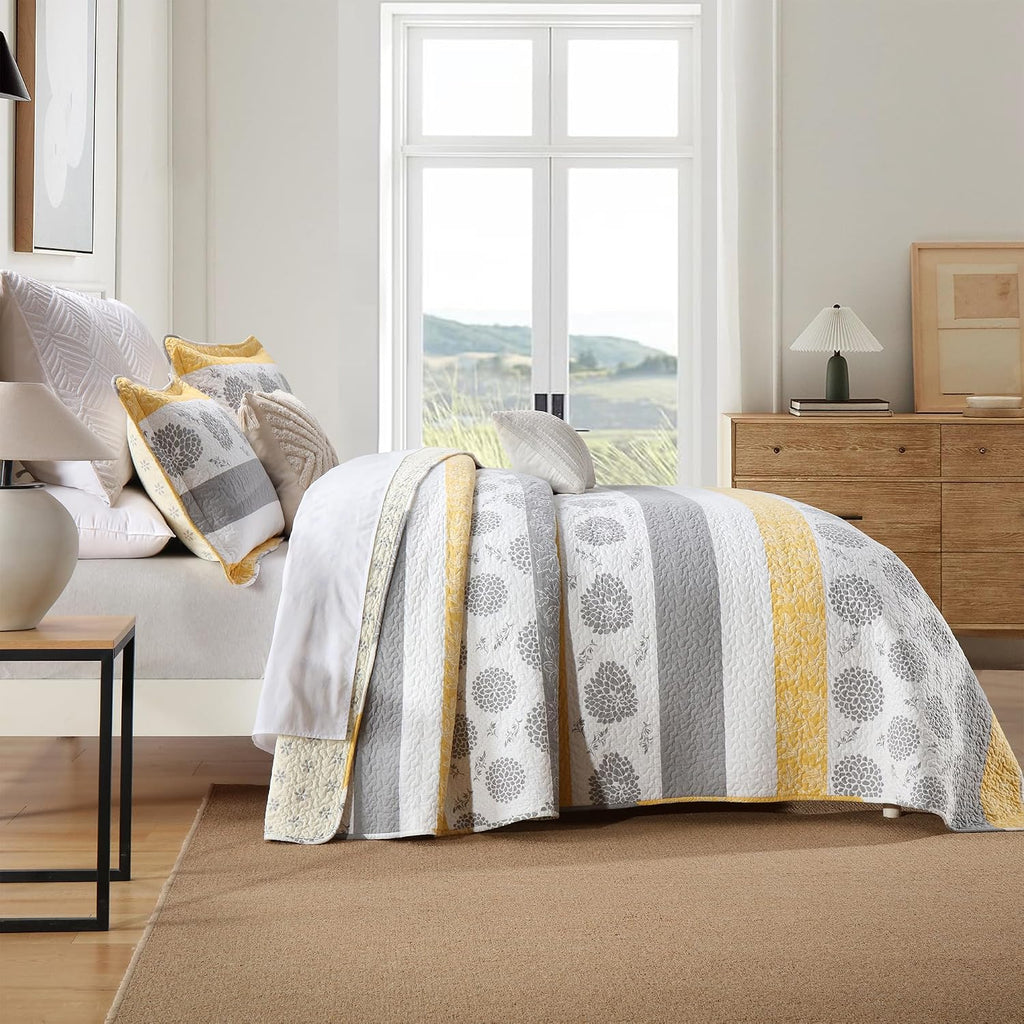 Homzard Quilt Queen Size-Comforter Queen Bedding Set,Yellow Gray White All Cotton Quilted Bedspread, Striped Floral Pattern Quilt Set,Lightweight Paisley 3 Piece,All Seasons