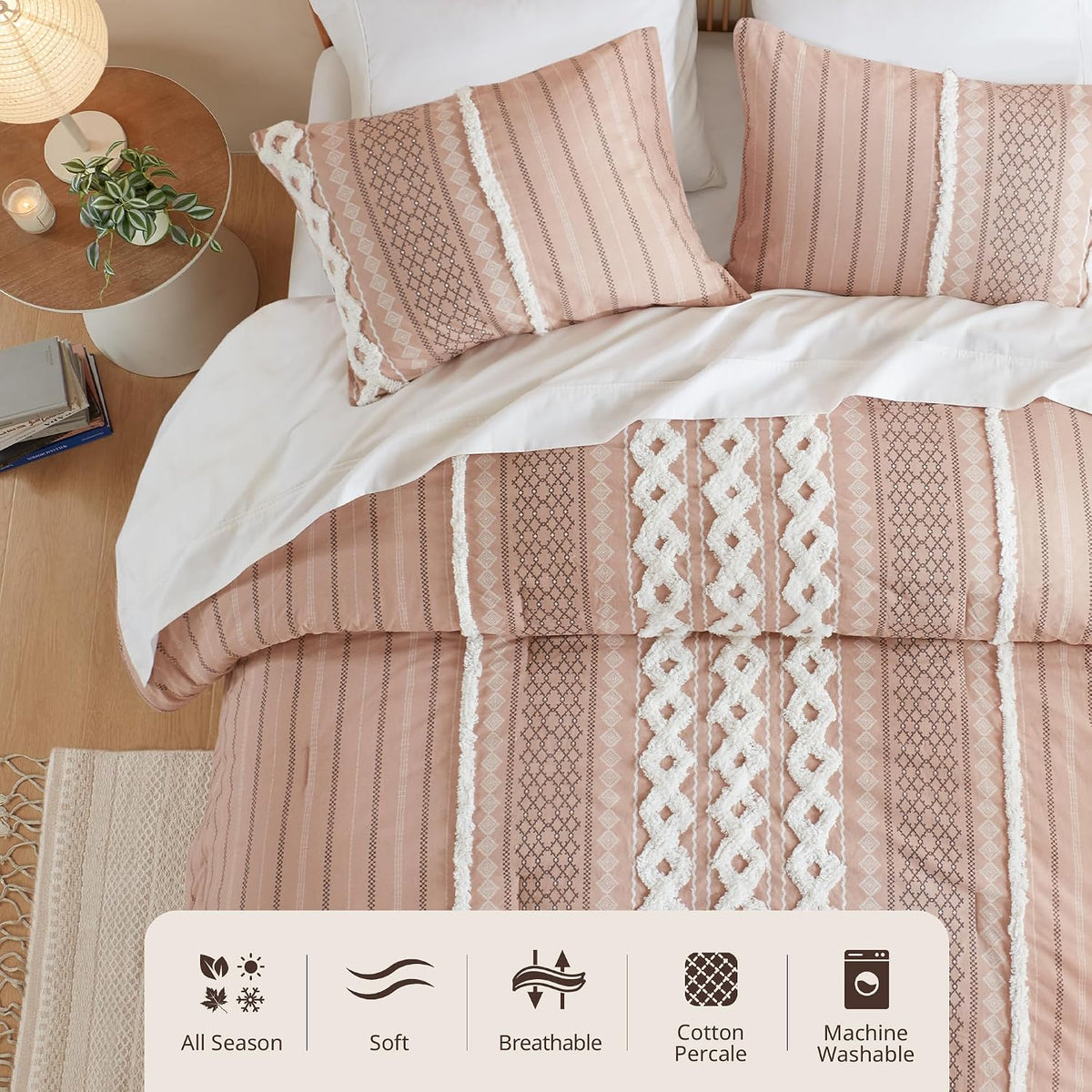 INK+IVY Comforter for Queen Size Bed, Chenille Tufted, Breathable Cotton Comforter Set Queen, All Season Modern Boho Comforter with Farmhouse Bedding Flare, 2 Matching Shams, Queen Blush 3 Piece