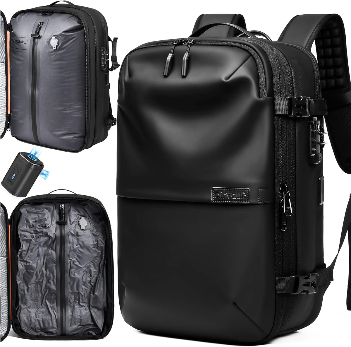 AirVault Vacuum Seal Travel Backpack 60L with Expandable HyperSeal Air Compression Vacuum System Water Resistant TSA Lock (Vacuum Pump Included, Black, 60L)