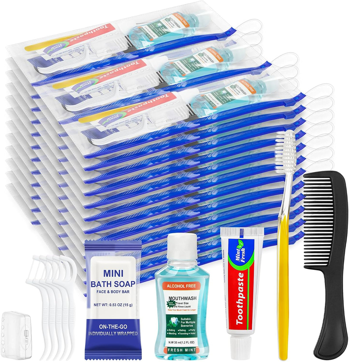 Personal Hygiene Kit Bulk Pack of 100,Yellow Basic Travel Toiletry Set Disposable Toothbrushes with Toothpaste Mouthwash Floss Comb Cover and Zip Bag for Homeless,Charity,Guests
