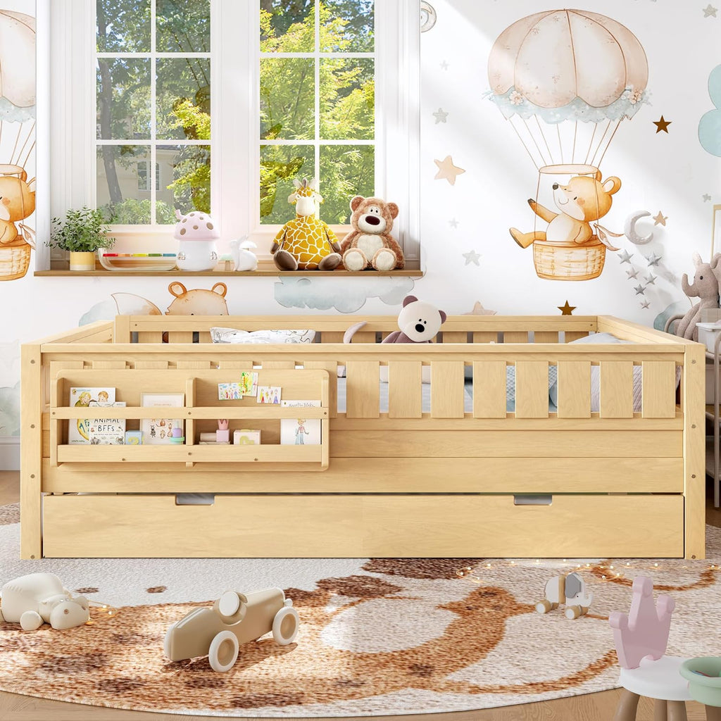 Bellemave Queen Bed with Trundle and Stairs, Queen Size Platform Bed Frame with Fence and Bookshelf, Easy Assemble Beds for Kids, Girls, Boys, Light Natural