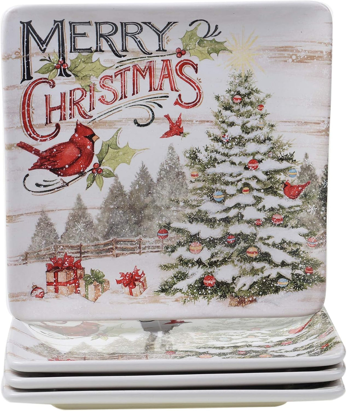 Evergreen Christmas 16-Piece Dinnerware Set – Ceramic Holiday Plates, Bowls & Mugs with Cardinal & Script Design – Service for 4 – Festive Dining for Christmas Gatherings