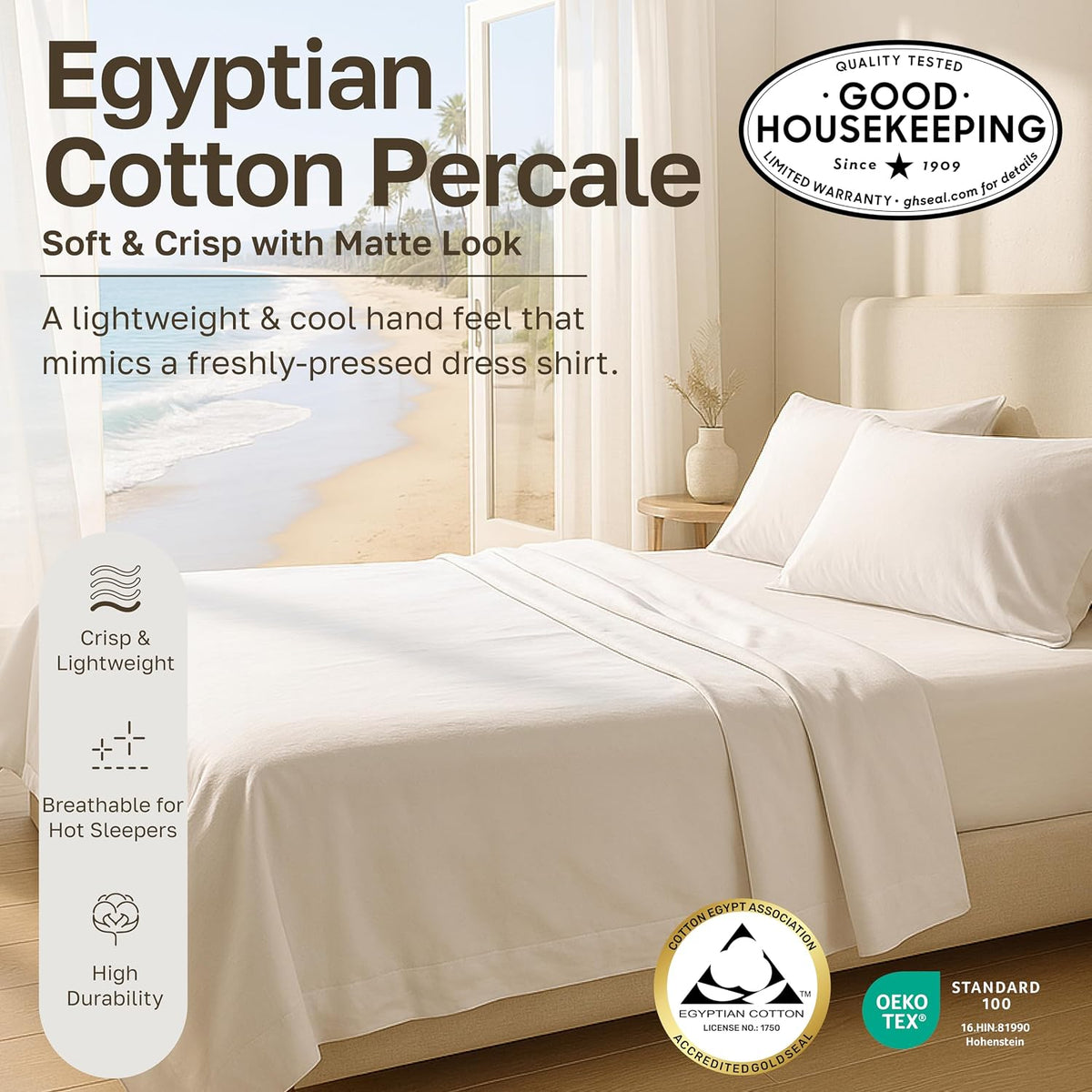California Design Den Deep Pocket California King Sheet Set - Certified 100% Egyptian Cotton Bed Sheets, Lightweight & Crisp Percale, Durable Luxury Bedding Set - White
