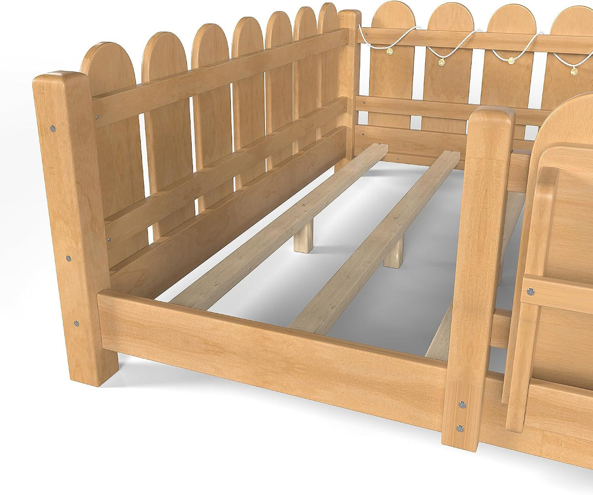 Bellemave Full Size Floor Bed with Rails and Slats, Full Size Montessori Floor Bed with Bookshelf, Fence and Lights, Low Profile Montessori Beds Frame for Girls, Boys, Light Natural