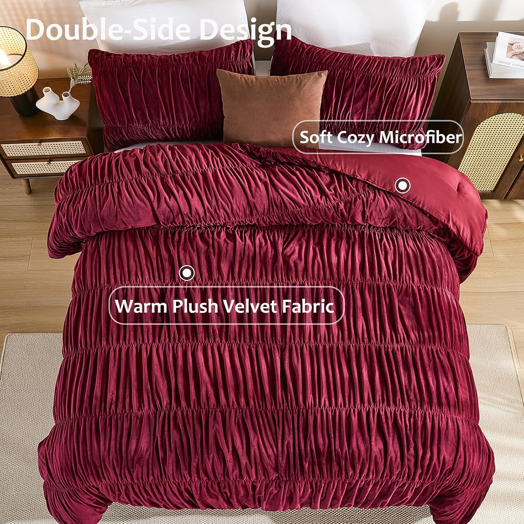 Bedbay Burgundy Velvet King Comforter Set,Boho Shabby Chic Ruched Bedding Comforter,Aesthetic Vintage Bedding Fluffy Ruffle Comforter Set,Ultra Soft Velvet Chenille Quilt Set,Red King 3 Piece