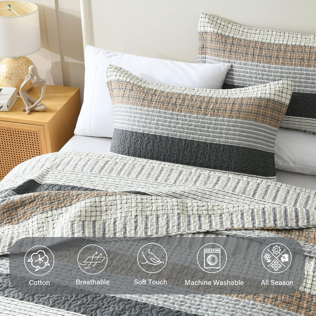 Finlonte 100% Cotton King Size Quilt Set, Patchwork Striped King Quilt Bedding Set Farmhouse Bedspread, Lightweight Quilted Comforter Reversible Bed Spread for All Season, White/Brown/Grey, 3 Pieces