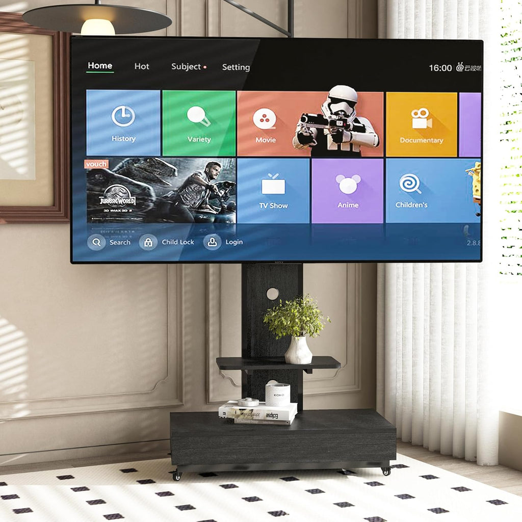 TV Stand with Sliding Drawer, Floor Stand with Lockable Wheel Mount, 32-75 Inch Mobile TV Cart for Living Room, Bedroom, Office