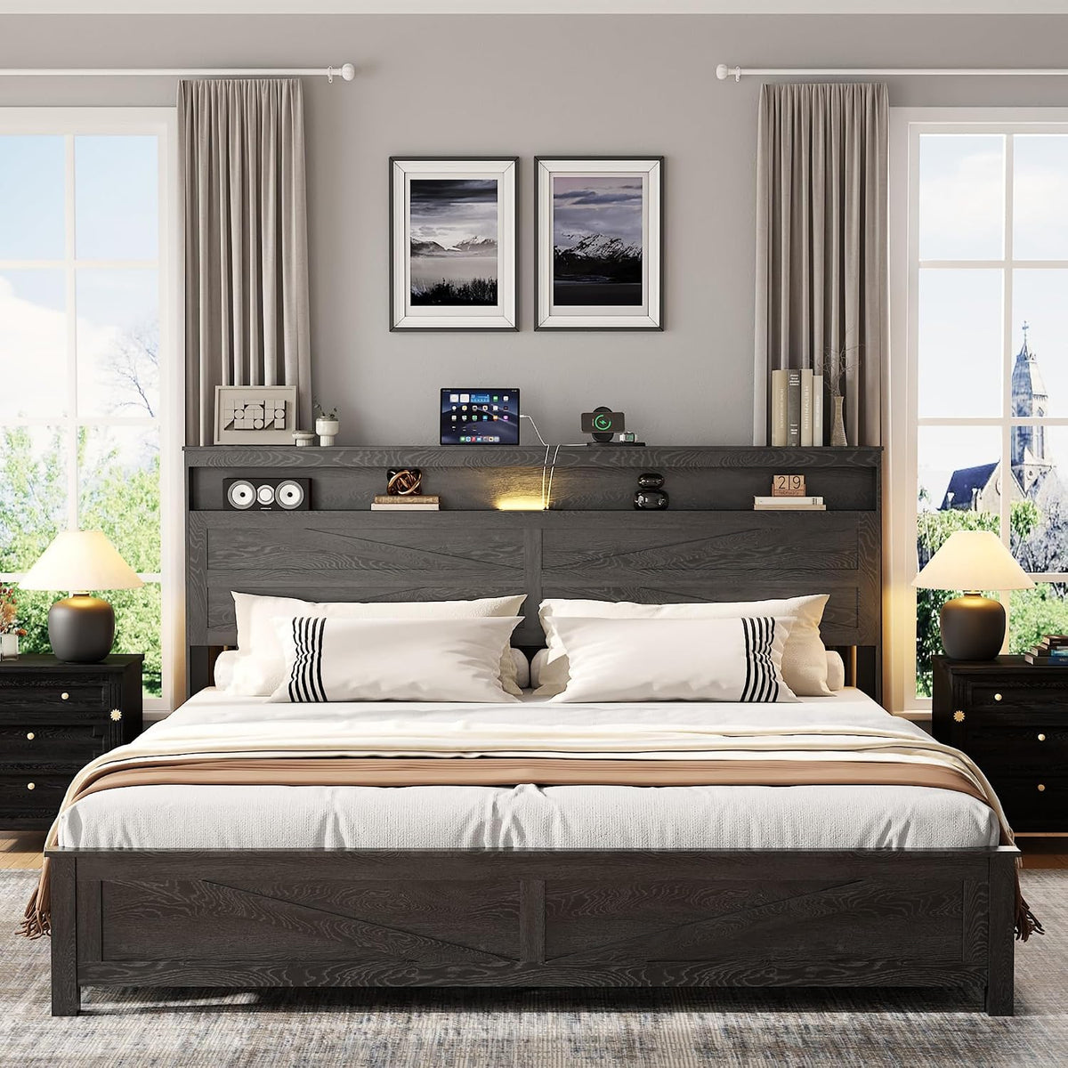Farmhouse King Size Bed Frame with Headboard Storage Shelf, Wood Platform Bed Frame with LED Lights & Charging Station, Rustic Black Metal Bed, No Box Spring Needed, Noise-Free Sturdy Structure