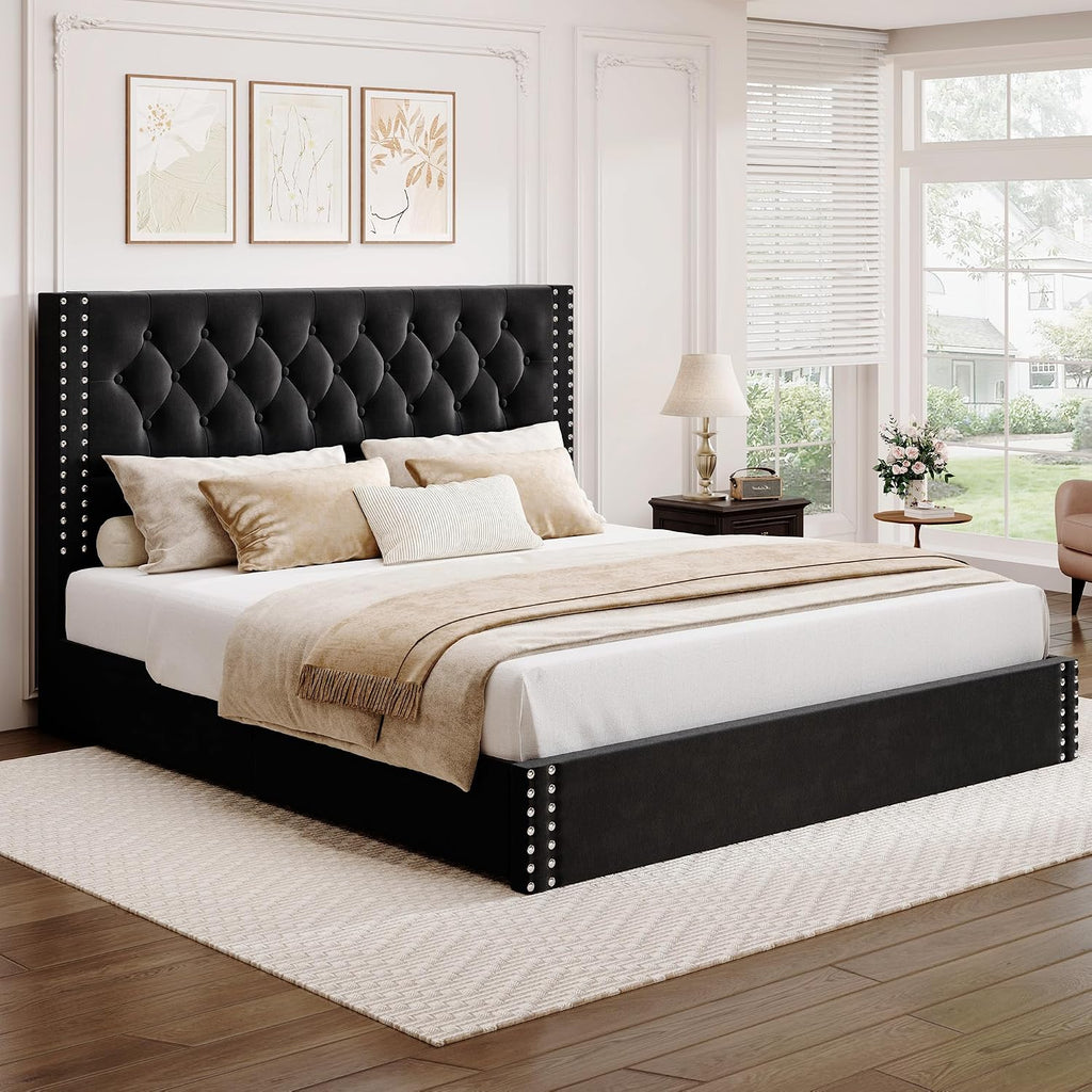 BRELTAM King Size Bed Frame with 4 Storage Drawers and Tufted Headboard Velvet Upholstered Platform Bed Frame with Heavy Duty Wood Slats, No Box Spring Needed, Black