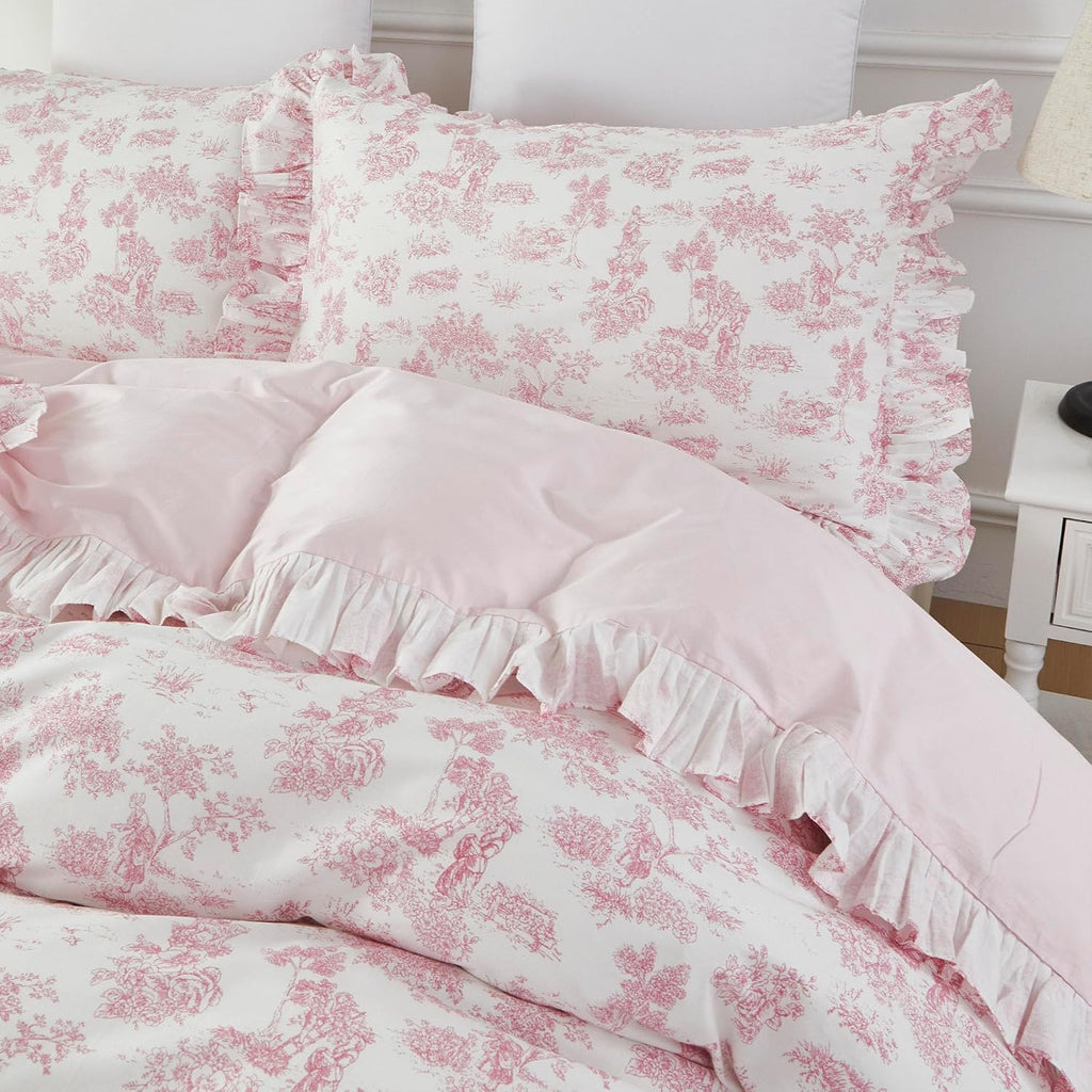 Brandream French Country Toile Duvet Quilt Cover King Size 100% Cotton Bedding Set Toile Tapestry Pattern Garden Floral Printed Blossom Tree Branches Delicate Ruffle Fringe Design