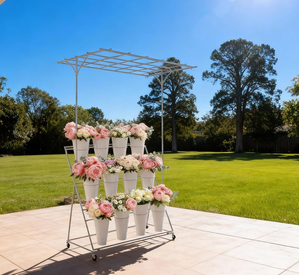 Flower Display Stand with 12 Buckets, 3 Layer Plant Stand with Wheels, Movable Plant Display Stand, Heavy Duty Moving Plant Cart Shelf for Indoor Outdoor