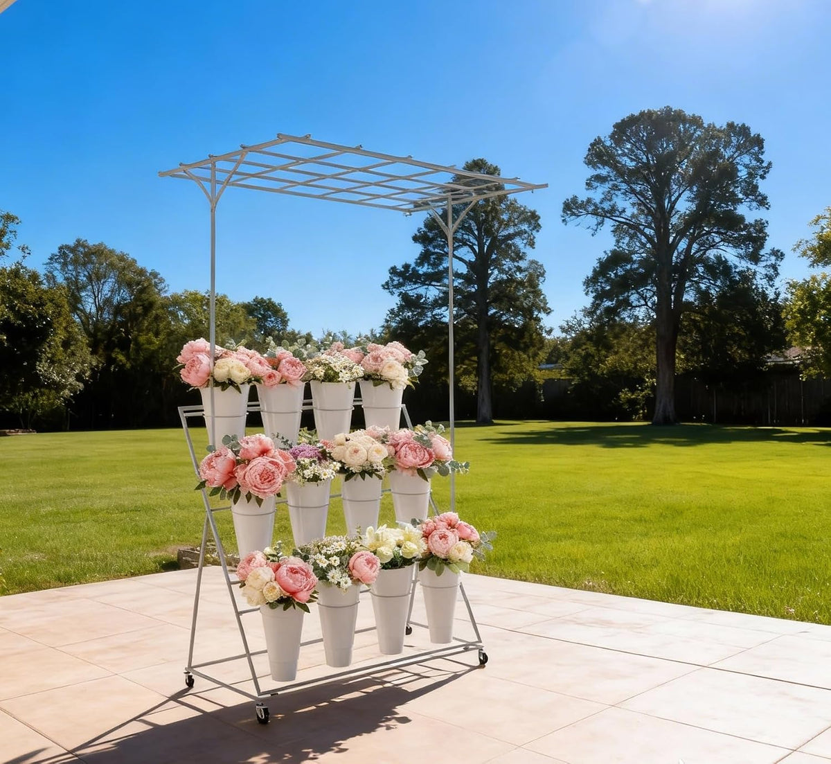 Flower Display Stand with 12 Buckets, 3 Layer Plant Stand with Wheels, Movable Plant Display Stand, Heavy Duty Moving Plant Cart Shelf for Indoor Outdoor