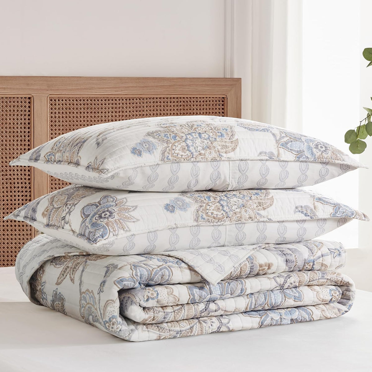 Levtex Home - Selesta Blue Quilt Set - Full/Queen Quilt and Two Standard Shams - Floral - Blue Taupe Grey - Quilt (88x92in.) and Shams (20x26in.) - Reversible - Cotton