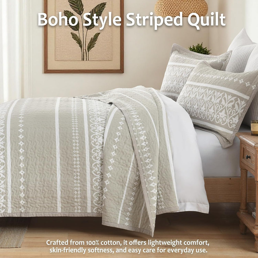 Boho Quilt Set - Boho Striped Quilt Set, 100% Cotton Bohemian Bedspread Set, Lightweight Quilt Bedding Set All Season Coverlet Set, Oatmeal Gray/White,King (106''W × 98''L)